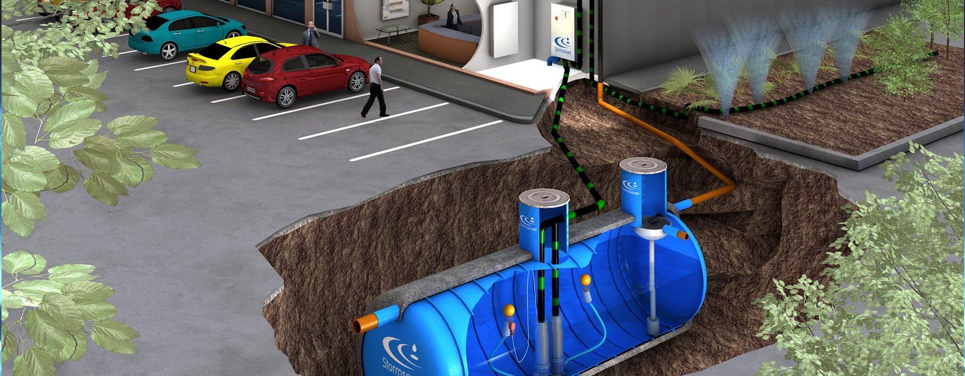 Cut-away illustration of an underground rainwater storage tank beside a building